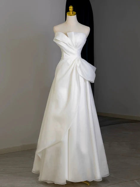 Elegant A-Line Strapless Satin Ruched-Bow Back-Zip Floor-Length Evening Dresses