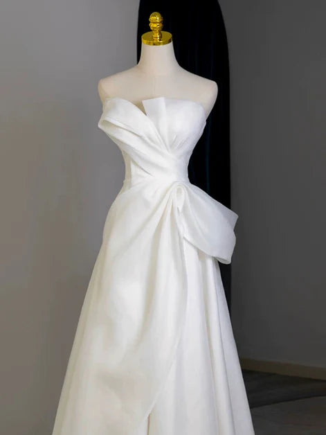 Elegant A-Line Strapless Satin Ruched-Bow Back-Zip Floor-Length Evening Dresses