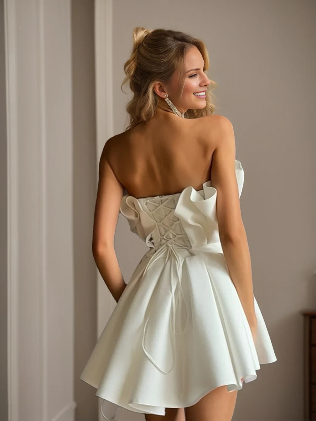 Elegant A - Line Strapless Sleeveless Lace - Up Back Mini Length Homecoming Dresses