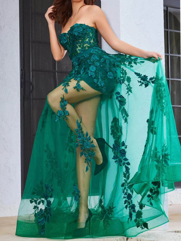 Elegant A - Line Strapless Sleeveless Zipper Back Floor - Length Evening Gown