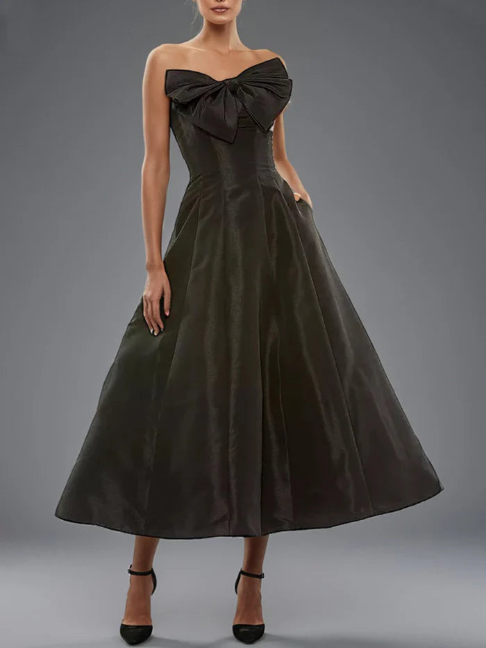 Elegant A - Line Strapless Sleeveless Zipper Back Midi Length Prom Dresses