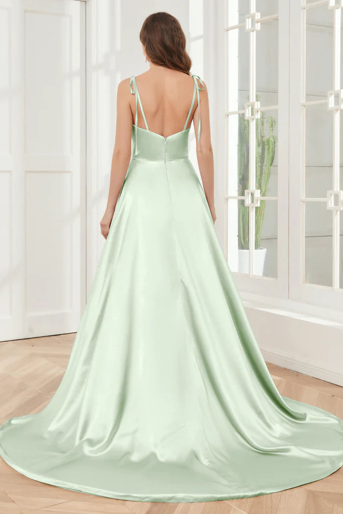 Elegant A-Line Sweetheart Adjustable-Strap Open-Back Sage Satin Train Floor-Length Bridesmaid Dresses