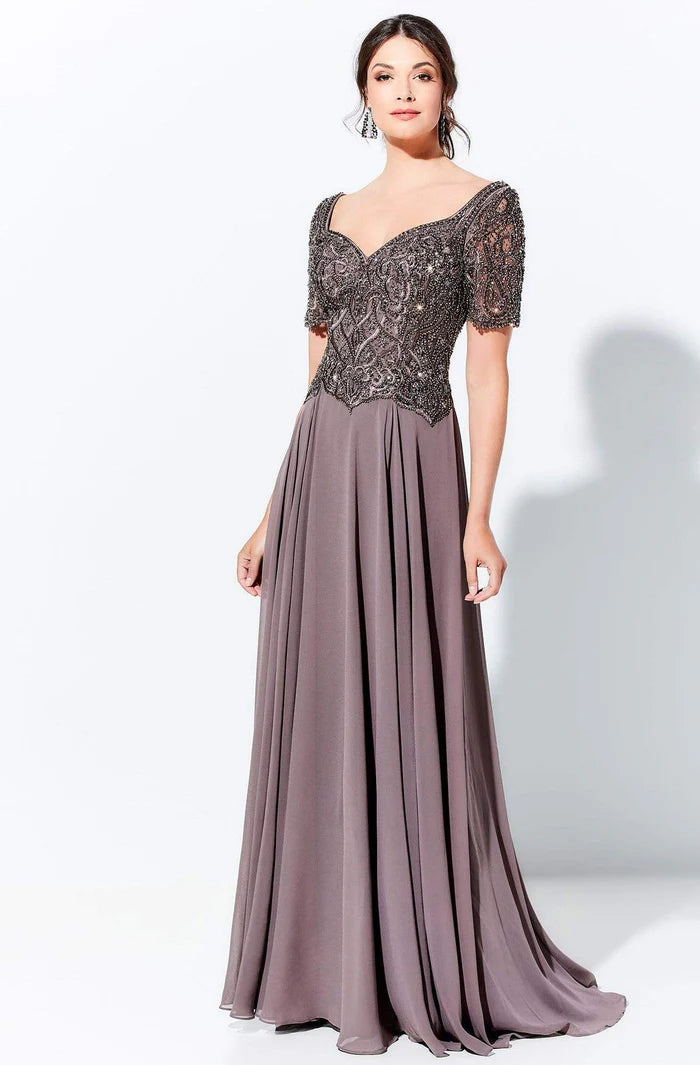 Elegant A-Line Sweetheart Cap-Sleeve V-Back Dusty-Mauve Beaded-Chiffon Floor-Length Mother of the Bride Dresses