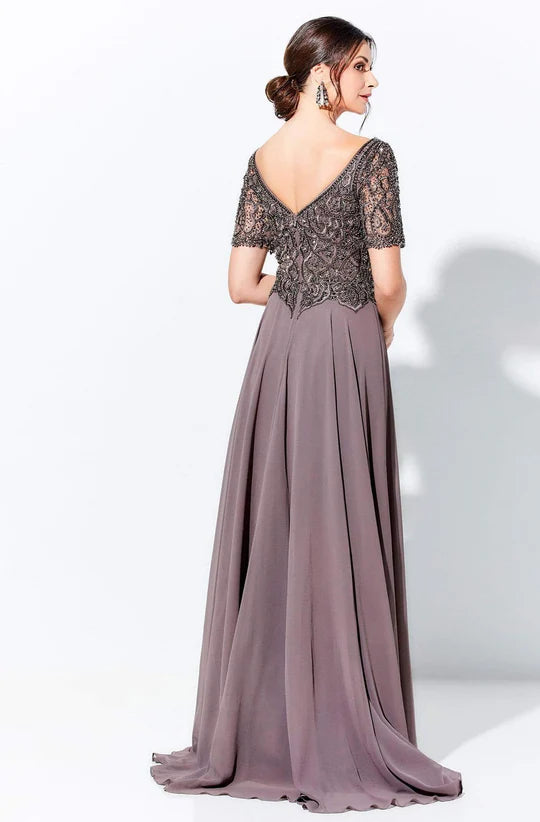 Elegant A-Line Sweetheart Cap-Sleeve V-Back Dusty-Mauve Beaded-Chiffon Floor-Length Mother of the Bride Dresses