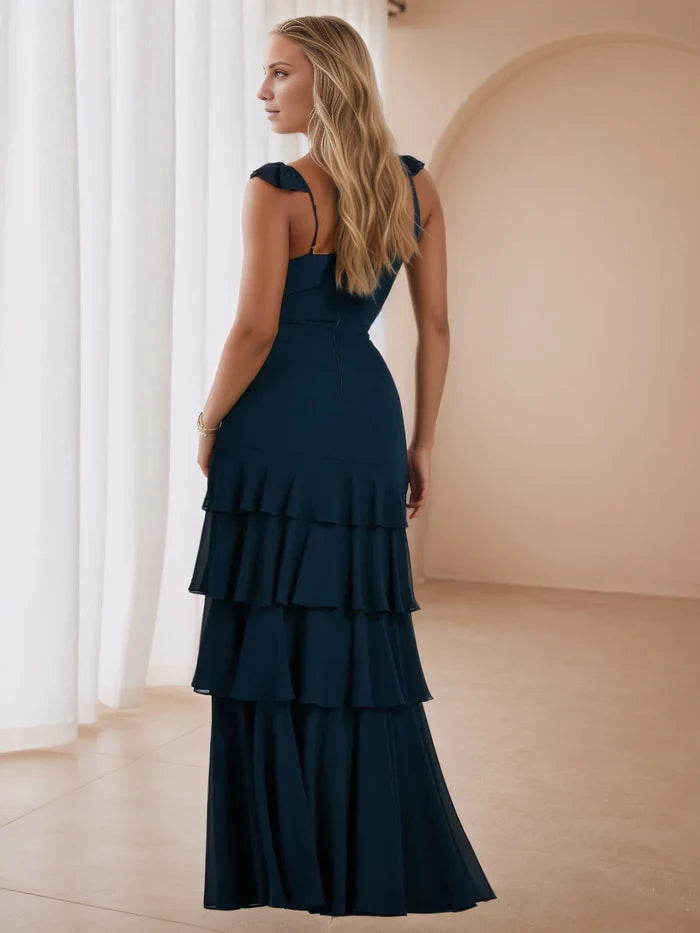 Elegant A - Line Sweetheart Neck Ruffled Strap Open Back Long Length Prom Dresses