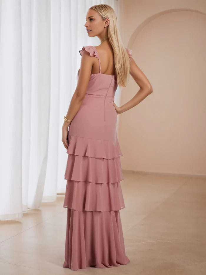 Elegant A - Line Sweetheart Neck Ruffled Strap Open Back Long Length Prom Dresses