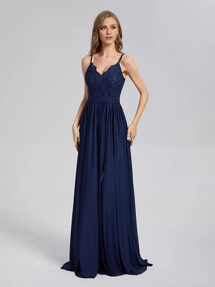 Elegant A - Line Sweetheart Neck Spaghetti Strap Open Back Long Length Prom Dresses