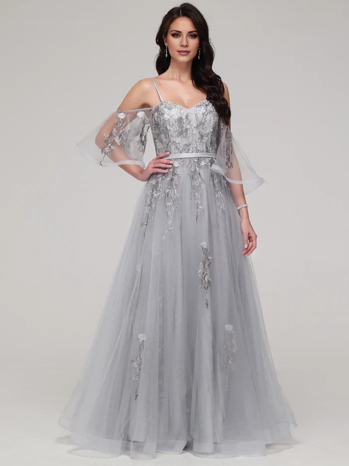 Elegant A - Line Sweetheart Off - Shoulder Sleeve Lace - Up Back Long Length Prom Dresses