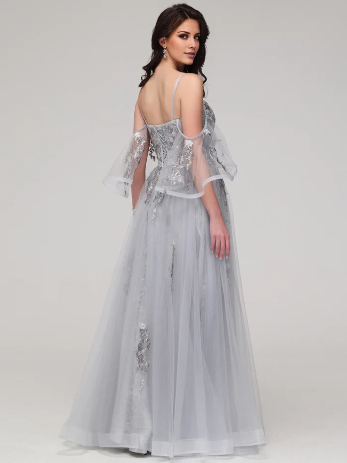 Elegant A - Line Sweetheart Off - Shoulder Sleeve Lace - Up Back Long Length Prom Dresses