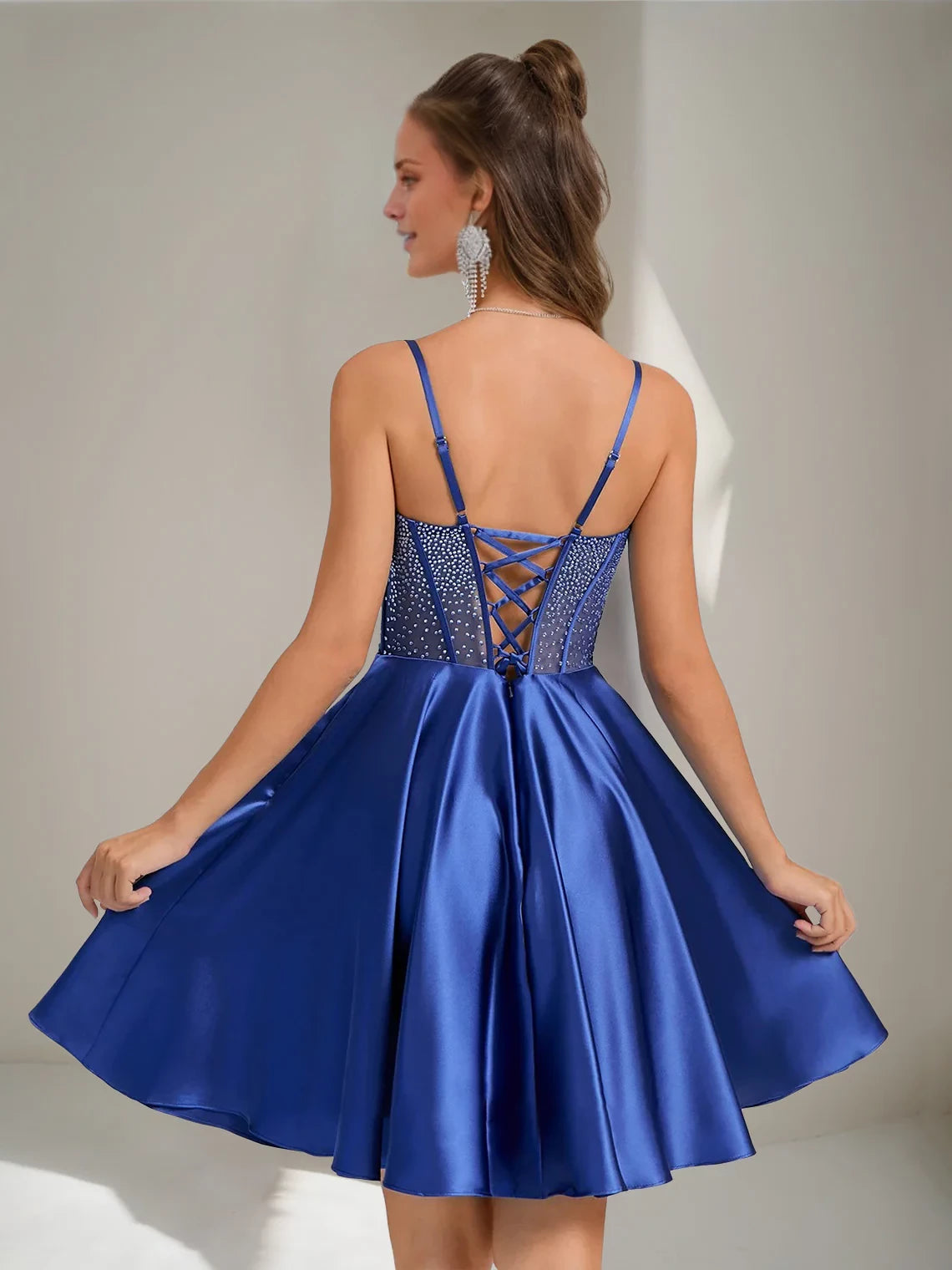 Elegant A - Line Sweetheart Spaghetti Strap Lace - Up Back Mini Length Homecoming Dresses