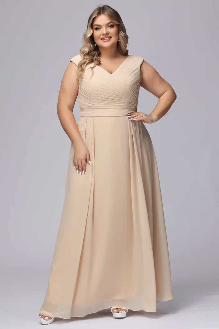 Plus Size Elegant A-Line V-Neck Cap-Sleeve Deep-V-Back Champagne Chiffon Floor-Length Bridesmaid Dresses