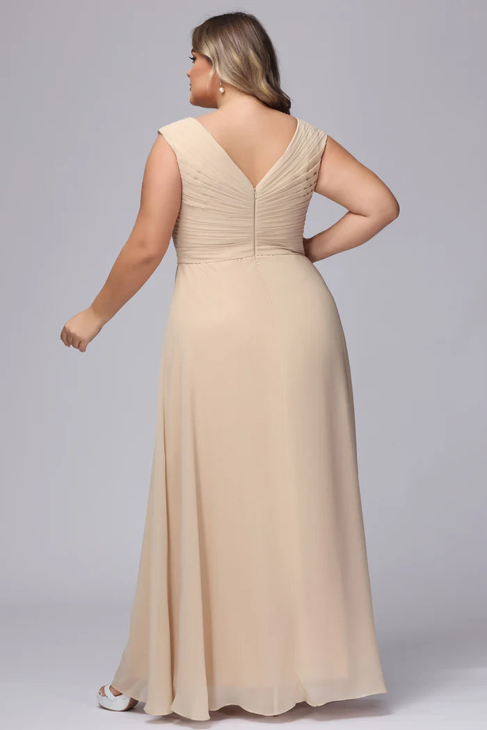 Plus Size Elegant A-Line V-Neck Cap-Sleeve Deep-V-Back Champagne Chiffon Floor-Length Bridesmaid Dresses