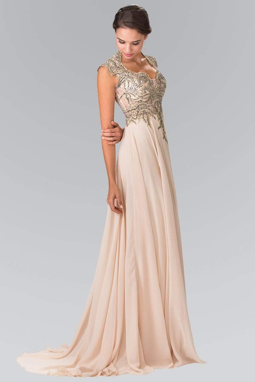 Elegant A-Line V-Neck Cap-Sleeve Lace-Back Champagne Gold-Embellished Chiffon Train Floor-Length Mother of the Bride Dresses