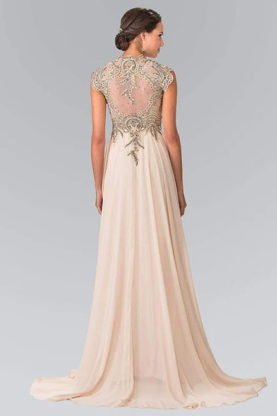 Elegant A-Line V-Neck Cap-Sleeve Lace-Back Champagne Gold-Embellished Chiffon Train Floor-Length Mother of the Bride Dresses