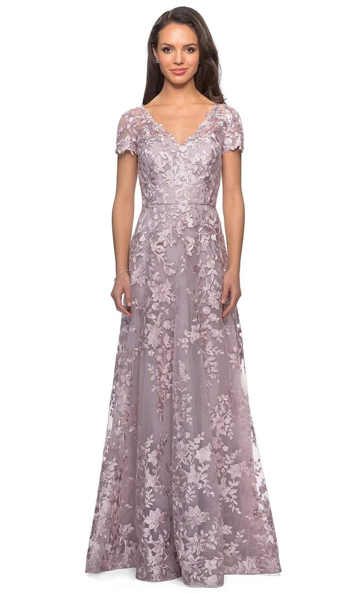 Elegant A-Line V-Neck Cap-Sleeve Lace-Back Dusty-Lilac Floral-Embroidered Tulle Floor-Length Mother of the Bride Dresses