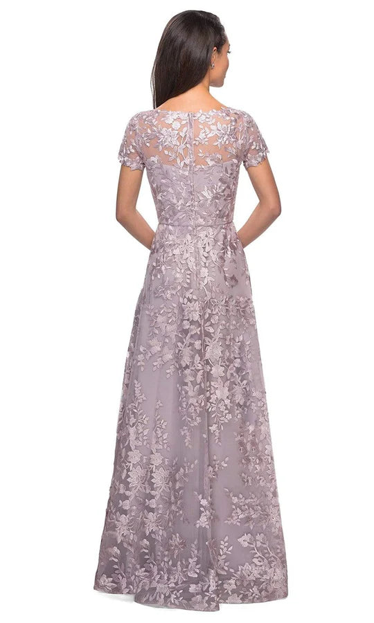 Elegant A-Line V-Neck Cap-Sleeve Lace-Back Dusty-Lilac Floral-Embroidered Tulle Floor-Length Mother of the Bride Dresses