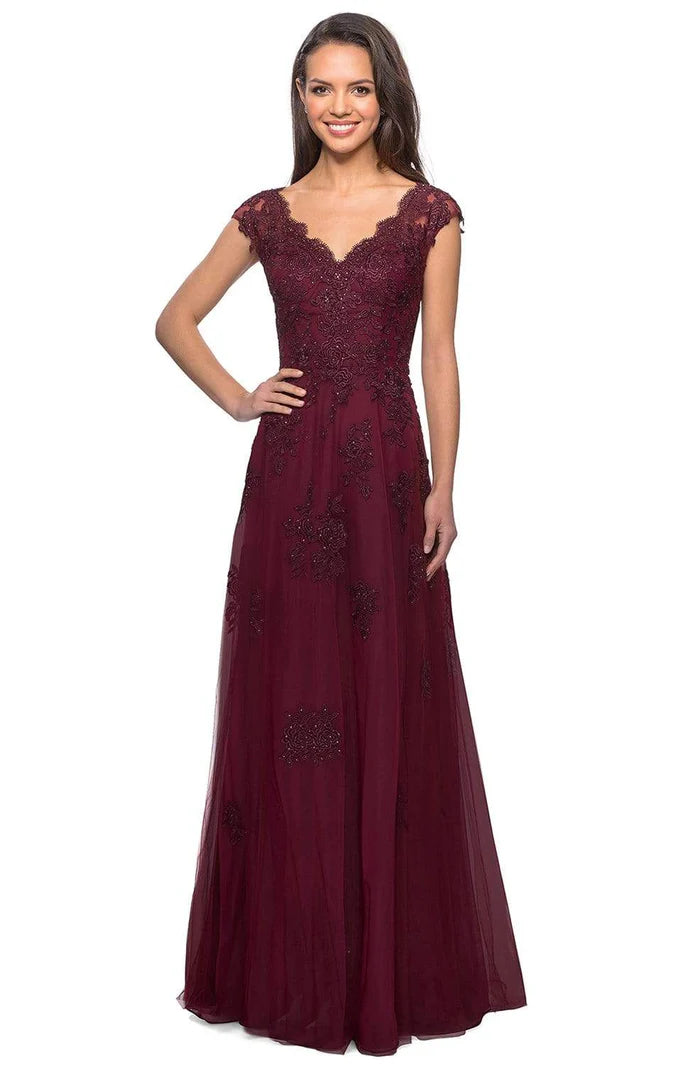 Elegant A-Line V-Neck Cap-Sleeve Open-Back Burgundy Beaded-Lace Floor-Length Mother of the Bride Dresses