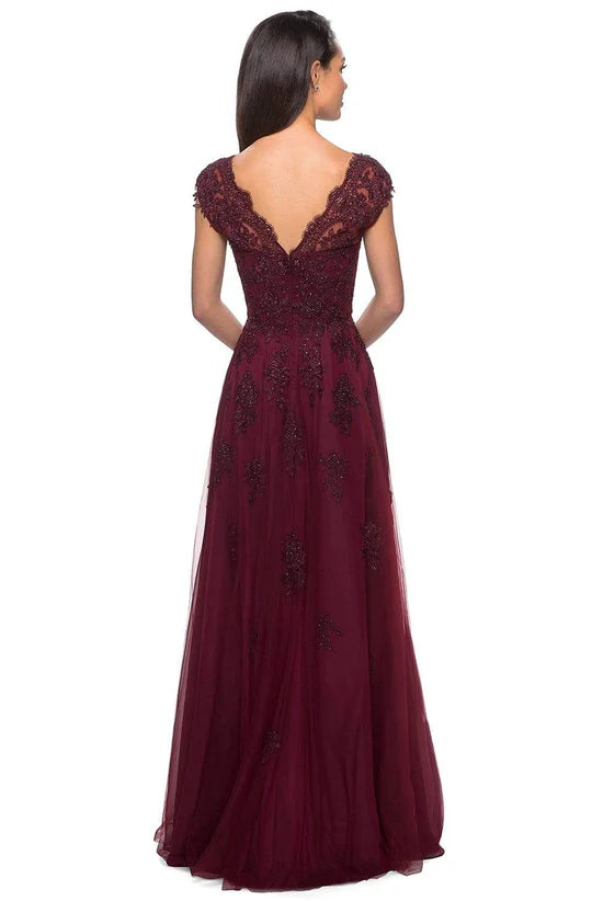 Elegant A-Line V-Neck Cap-Sleeve Open-Back Burgundy Beaded-Lace Floor-Length Mother of the Bride Dresses