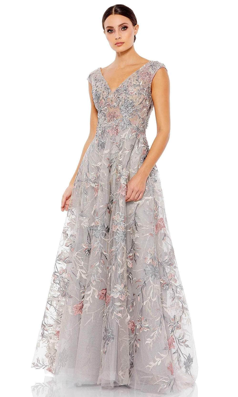 Elegant A-Line V-Neck Cap-Sleeve Scoop-Back Dusty-Silver Floral-Embroidered Tulle Floor-Length Mother of the Bride Dresses