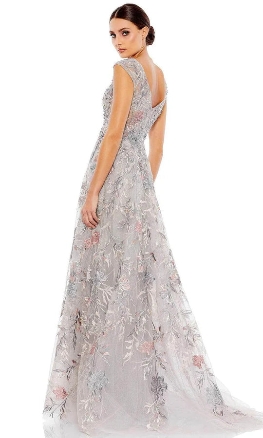 Elegant A-Line V-Neck Cap-Sleeve Scoop-Back Dusty-Silver Floral-Embroidered Tulle Floor-Length Mother of the Bride Dresses