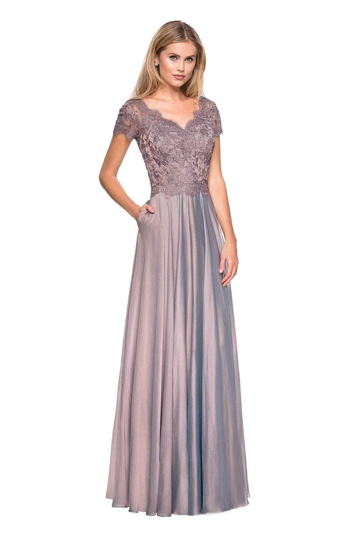 Elegant A-Line V-Neck Cap-Sleeve Sheer-Back Dusty Mauve Lace-Chiffon Floor-Length Mother of the Bride Dresses