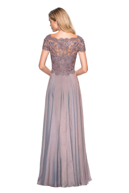 Elegant A-Line V-Neck Cap-Sleeve Sheer-Back Dusty Mauve Lace-Chiffon Floor-Length Mother of the Bride Dresses