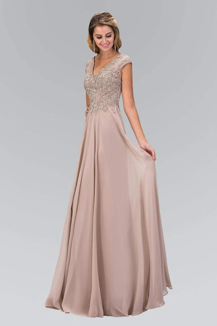 Elegant A-Line V-Neck Cap-Sleeve Sheer-Back Dusty Rose Beaded-Chiffon Floor-Length Mother of the Bride Dresses