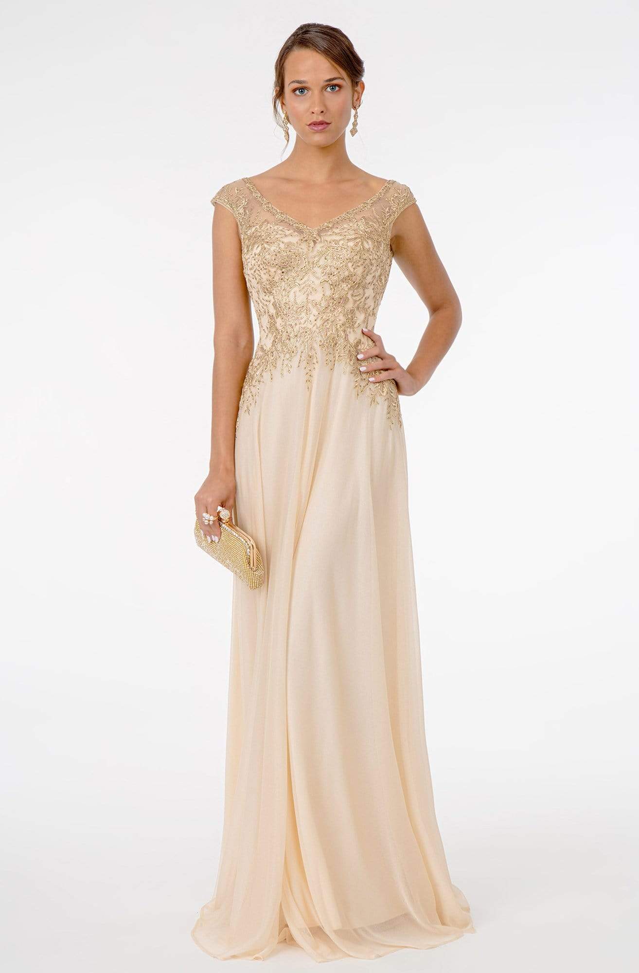 Elegant A-Line V-Neck Cap-Sleeve V-Back Champagne Gold-Embroidered Chiffon Floor-Length Mother of the Bride Dresses