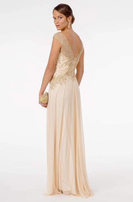 Elegant A-Line V-Neck Cap-Sleeve V-Back Champagne Gold-Embroidered Chiffon Floor-Length Mother of the Bride Dresses