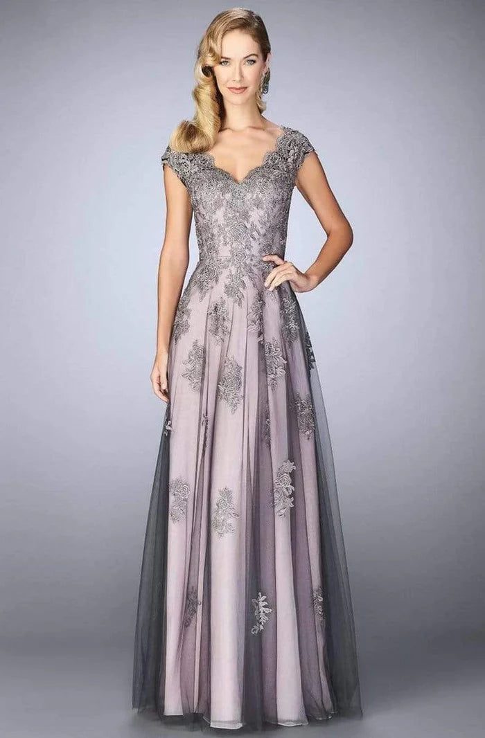 Elegant A-Line V-Neck Cap-Sleeve V-Back Ombre Lilac-Lace Floor-Length Mother of the Bride Dresses