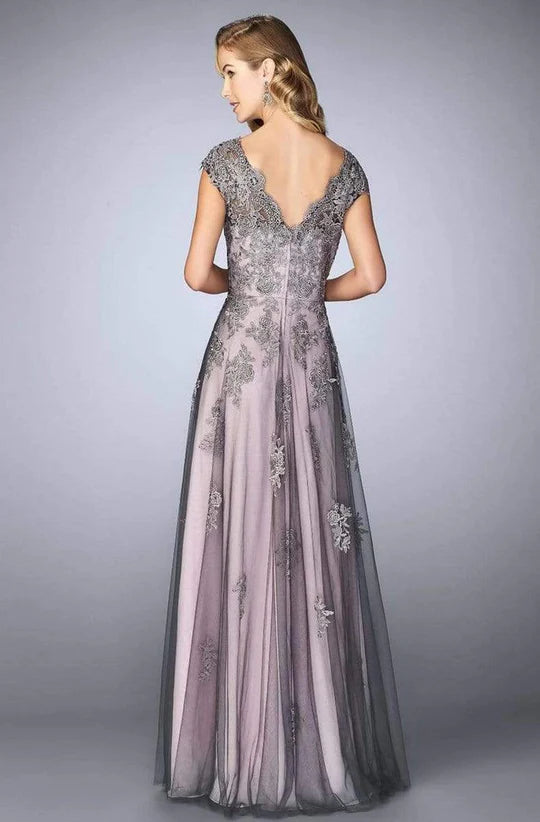 Elegant A-Line V-Neck Cap-Sleeve V-Back Ombre Lilac-Lace Floor-Length Mother of the Bride Dresses