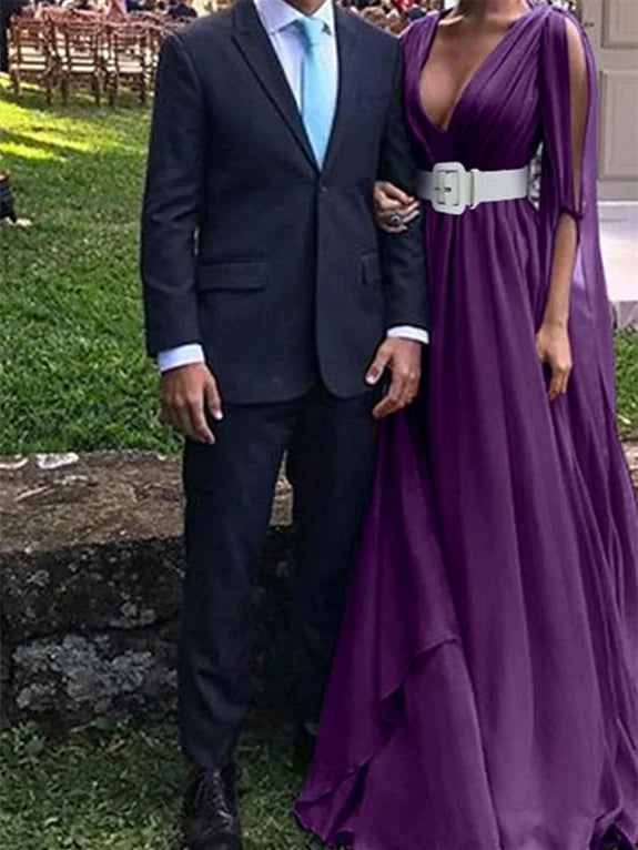 Elegant A - Line V - Neck Cape Sleeve Zipper Back Long Length Prom Dresses