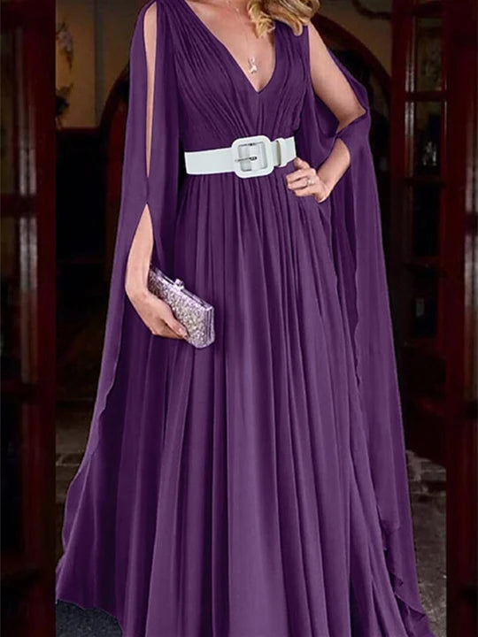 Elegant A - Line V - Neck Cape Sleeve Zipper Back Long Length Prom Dresses