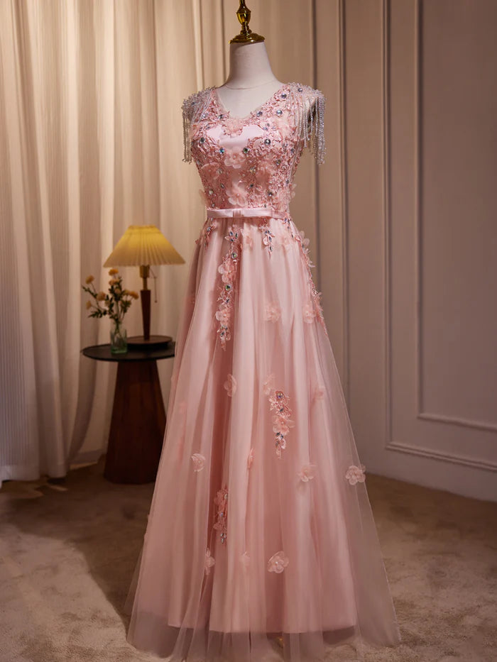 Elegant A - Line V - Neck Fringe Sleeve Zipper Back Long Length Quinceanera Dresses
