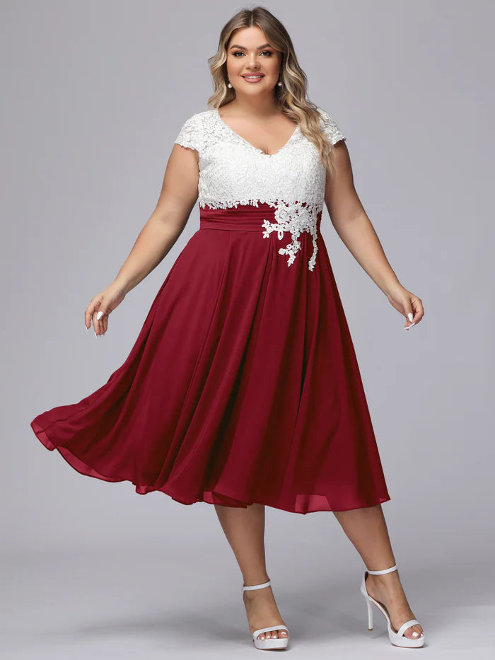 Plus Size Elegant A-Line V-Neck Lace-Cap-Sleeve Keyhole-Back Burgundy & Ivory Chiffon Tea-Length Bridesmaid Dresses