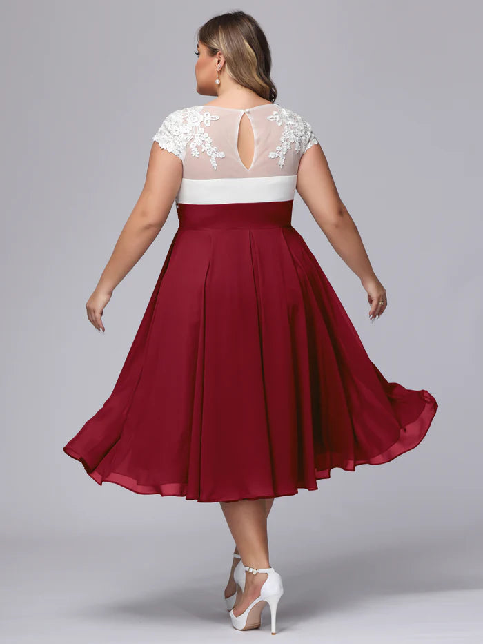 Plus Size Elegant A-Line V-Neck Lace-Cap-Sleeve Keyhole-Back Burgundy & Ivory Chiffon Tea-Length Bridesmaid Dresses