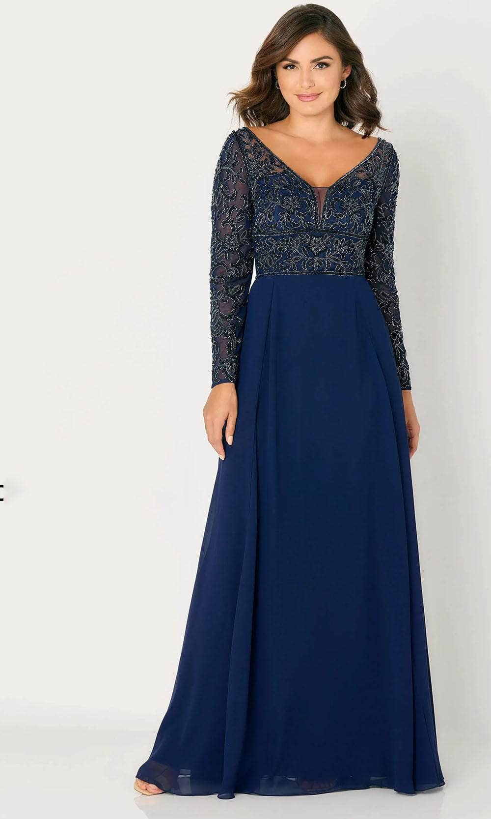 Elegant A-Line V-Neck Long-Sleeve Beaded-Back Navy Chiffon Floor-Length Mother of the Bride Dresses