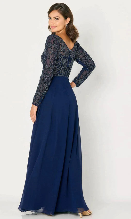Elegant A-Line V-Neck Long-Sleeve Beaded-Back Navy Chiffon Floor-Length Mother of the Bride Dresses