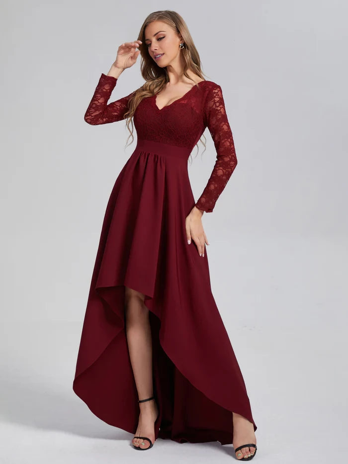Elegant A - Line V - Neck Long - Sleeve Zipper Back High - Low Length Prom Dresses