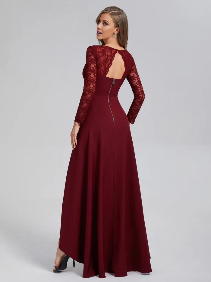 Elegant A - Line V - Neck Long - Sleeve Zipper Back High - Low Length Prom Dresses