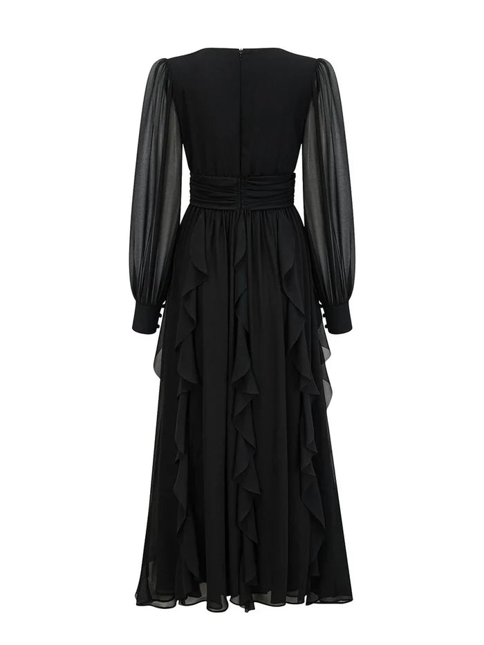 Elegant A - Line V - Neck Long Sleeve Zipper Back Midi Length Prom Dresses
