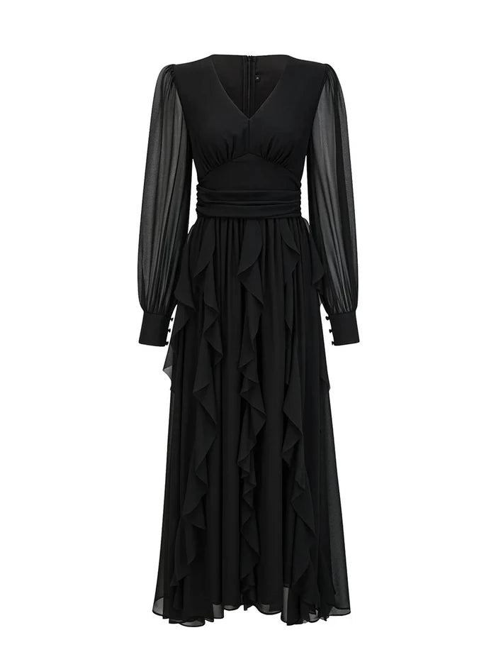 Elegant A - Line V - Neck Long Sleeve Zipper Back Midi Length Prom Dresses