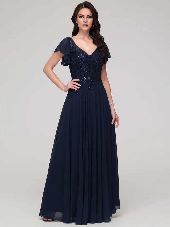 Elegant A - Line V - Neck Ruffle Sleeve Zipper Back Long Length Prom Dresses