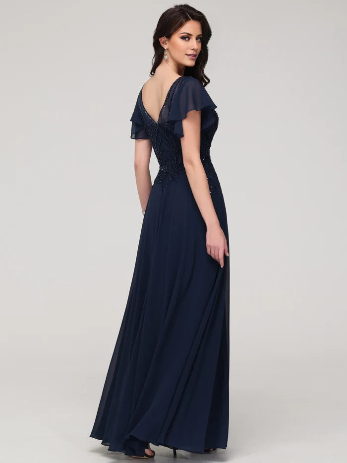 Elegant A - Line V - Neck Ruffle Sleeve Zipper Back Long Length Prom Dresses