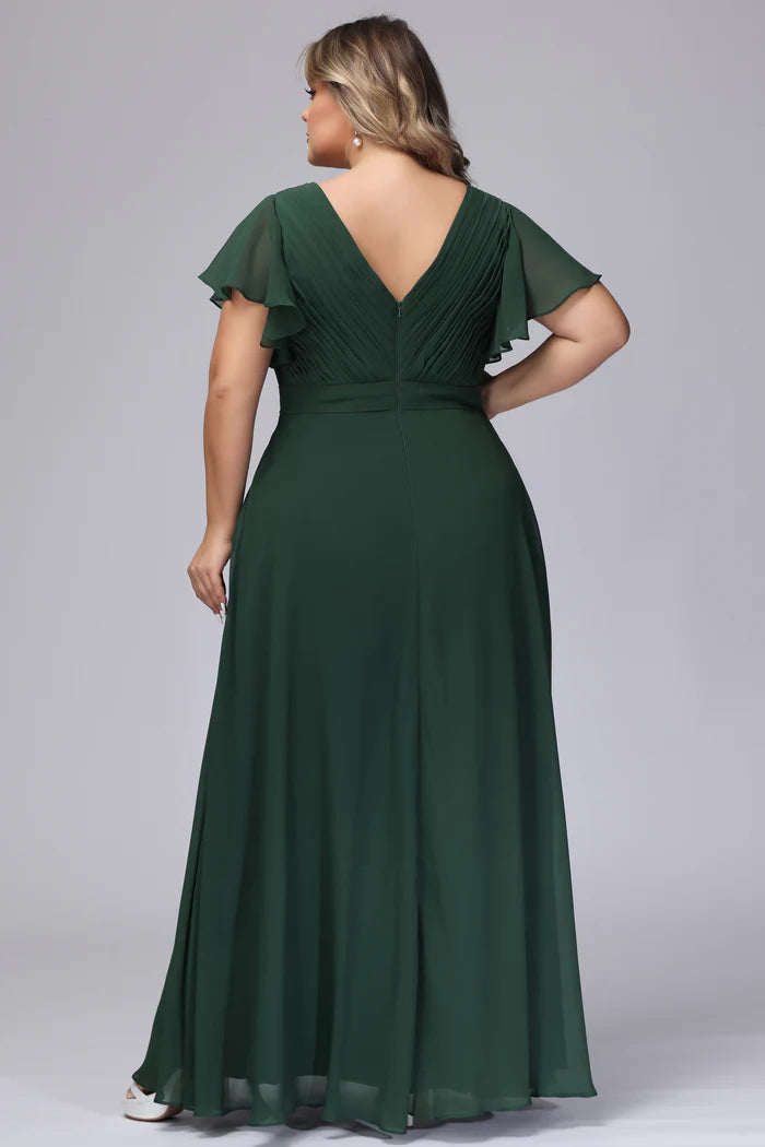 Plus Size Elegant A-Line V-Neck Ruffled-Sleeve Deep-V-Back Emerald Chiffon Floor-Length Bridesmaid Dresses