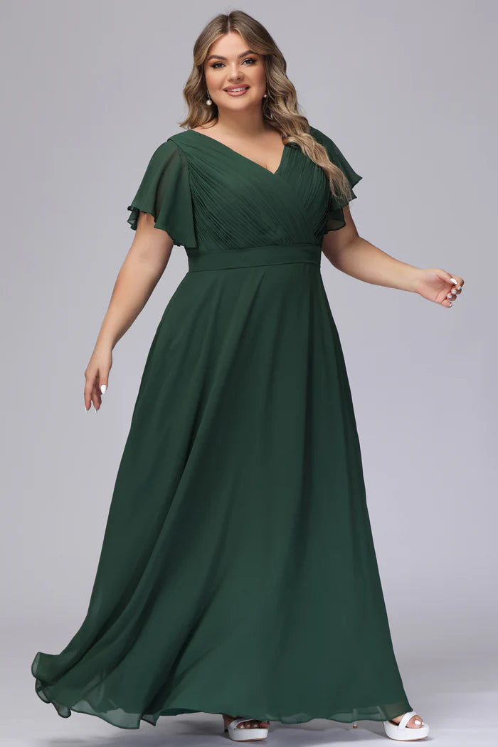 Plus Size Elegant A-Line V-Neck Ruffled-Sleeve Deep-V-Back Emerald Chiffon Floor-Length Bridesmaid Dresses