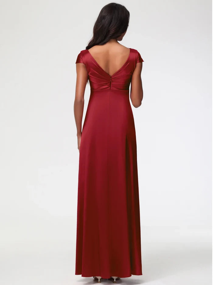 Elegant A - Line V - Neck Short Sleeve Ruched Back Long Length Prom Dresses