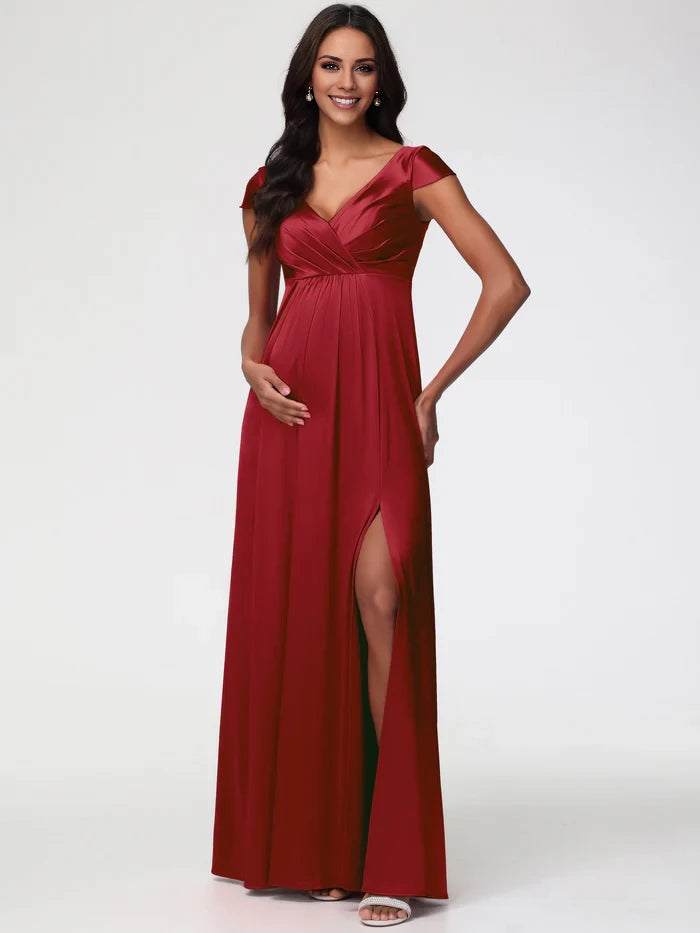 Elegant A - Line V - Neck Short Sleeve Ruched Back Long Length Prom Dresses