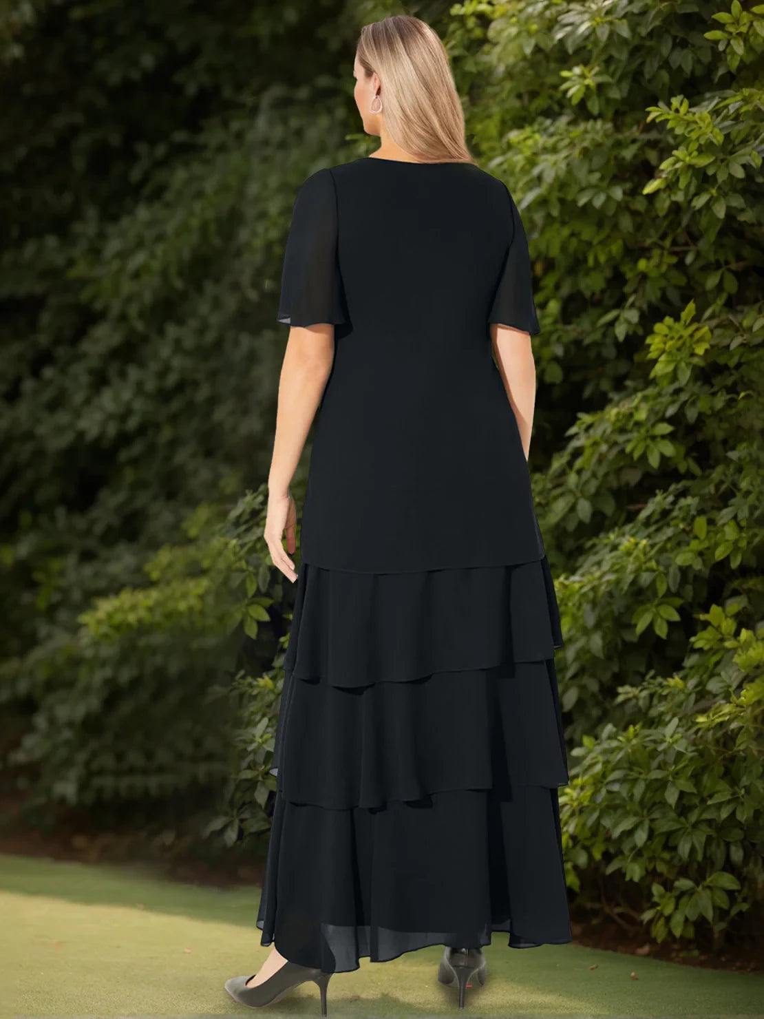 Elegant A - Line V - Neck Short Sleeve Zipper Back Floor - Length Mother of the Bride Dresses
