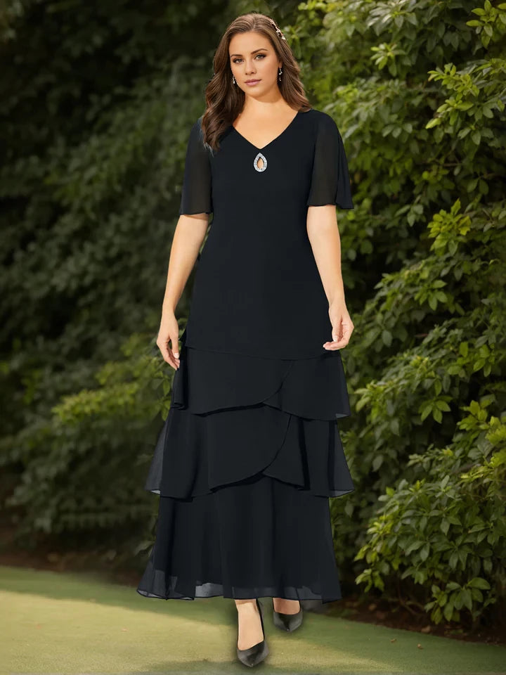 Elegant A - Line V - Neck Short Sleeve Zipper Back Floor - Length Mother of the Bride Dresses